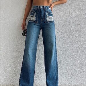 Piral - Distressed Straight Leg Jeans - Blue